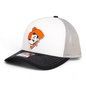 OSU Cowboys Pistol Pete Snapback Trucker Hat- White/ Light Grey/ Black